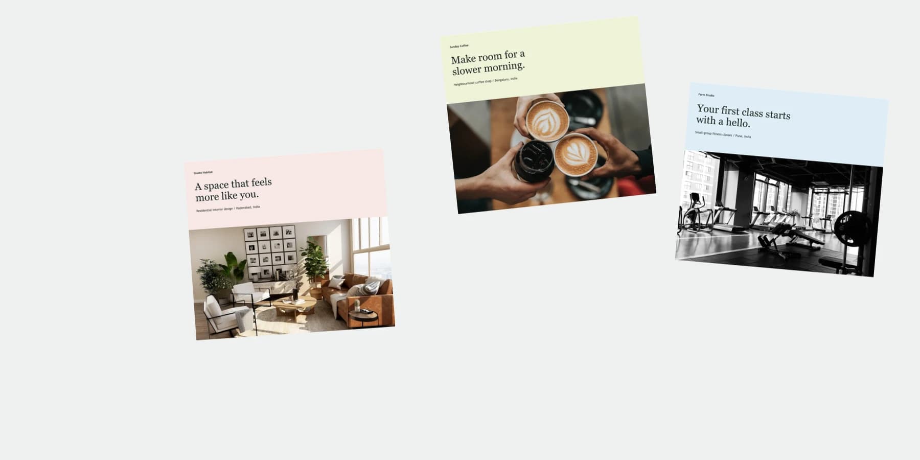 Illustrative campaign creative for a coffee shop, fitness studio, and interior designer